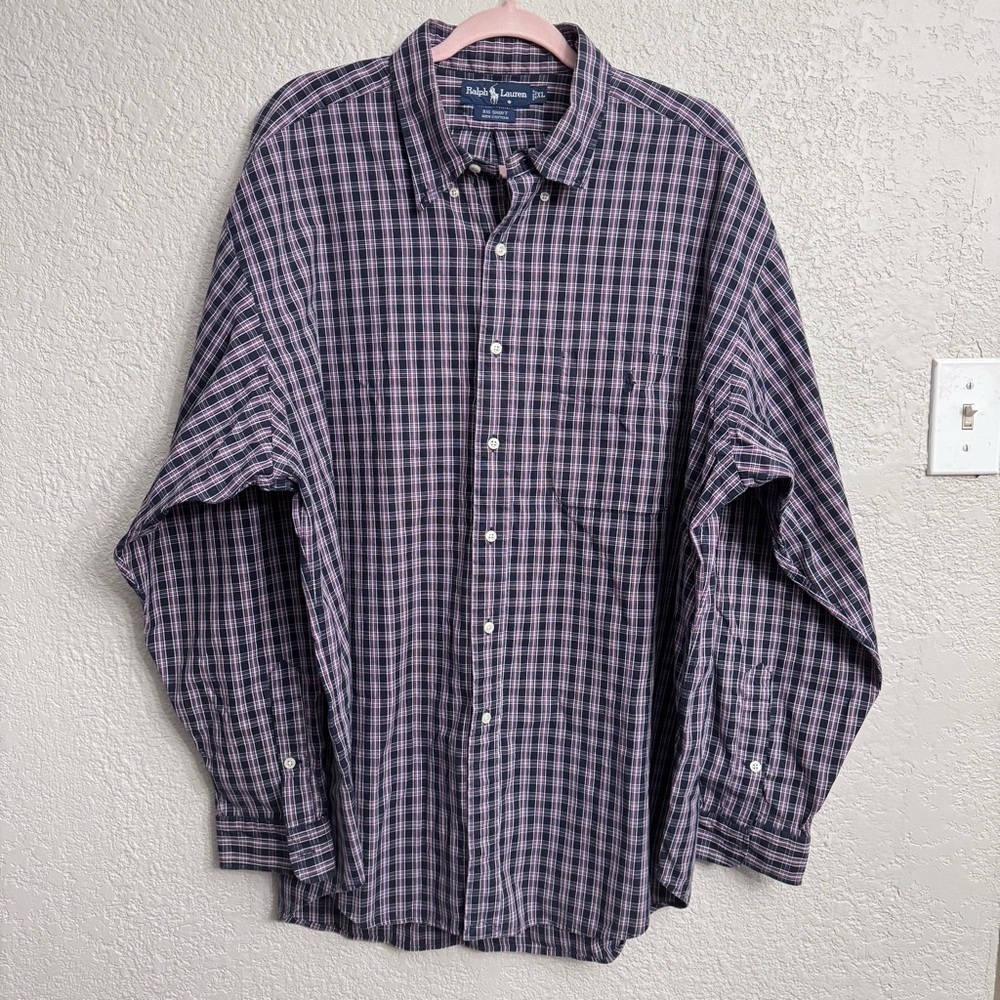 Ralph Lauren Big Shirt Men’s XL Blue Red Check 100% Cotton Button Down